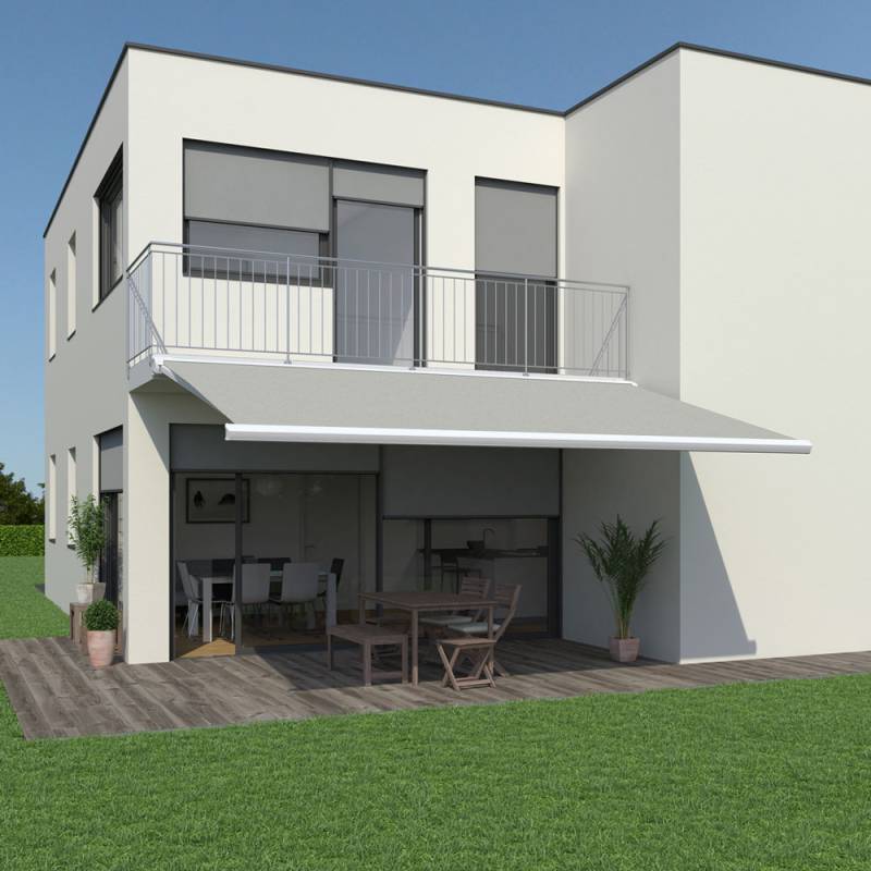 Kassettenmarkise K300-Fine | 5x2,5 m | Stoff: hellgrau | Gestell: Weiß | Bedienung: Funkmotor inkl. Handsender Kassettenmarkise K300-Fine | 5x2,5 m | Stoff: hellgrau | Gestell: Weiß | Bedienung: Funkmotor inkl. Handsender von SOWERO