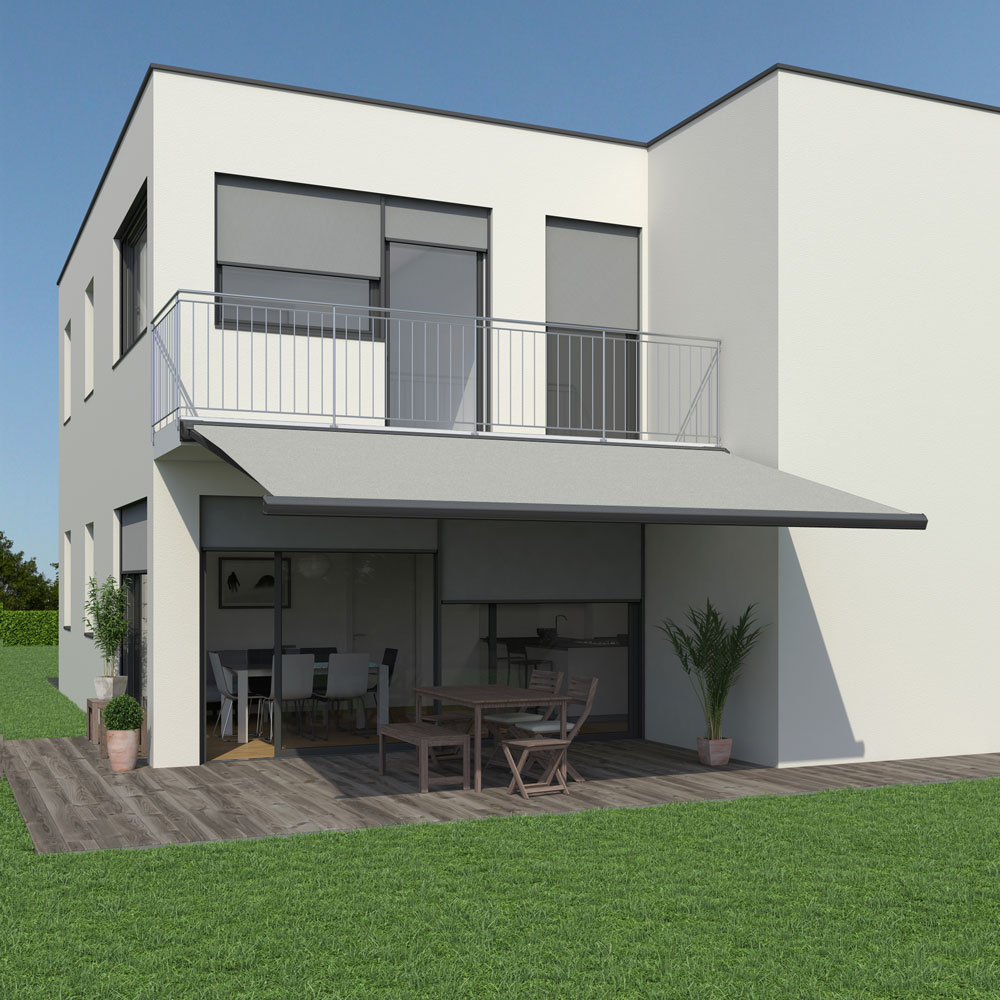 Kassettenmarkise K300-Fine | 5x3 m | Stoff: hellgrau | Gestell: Anthrazit | Bedienung: Funkmotor inkl. Handsender Kassettenmarkise K300-Fine | 5x3 m | Stoff: hellgrau | Gestell: Anthrazit | Bedienung: Funkmotor inkl. Handsender von SOWERO
