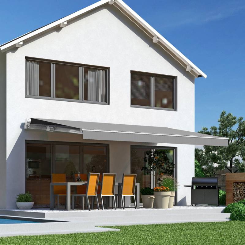 Offene Gelenkarmmarkise S-Fine | 4x2,5 m | Stoff: grau meliert | Gestell: Weiß | Bedienung: Kurbelantrieb von SOWERO