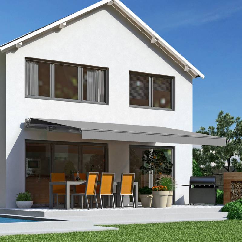 Offene Gelenkarmmarkise S-Fine | 5x2,5 m | Stoff: grau meliert | Gestell: Graualu | Bedienung: Kurbelantrieb von SOWERO