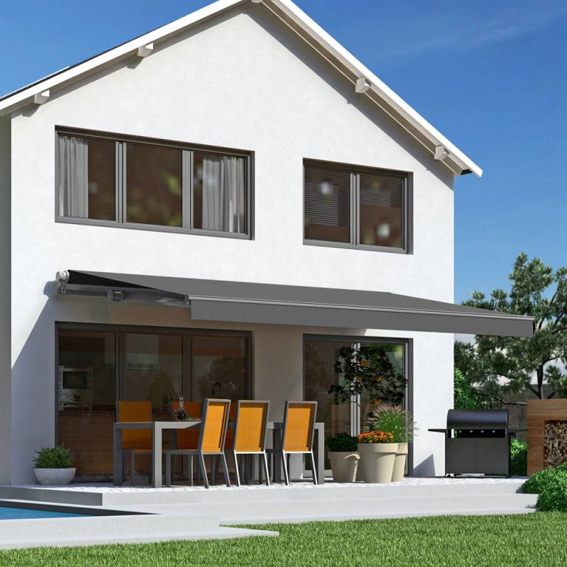 Offene Gelenkarmmarkise S-Fine | 5x2 m | Stoff: dunkelgrau | Gestell: Graualu | Bedienung: Kurbelantrieb von SOWERO