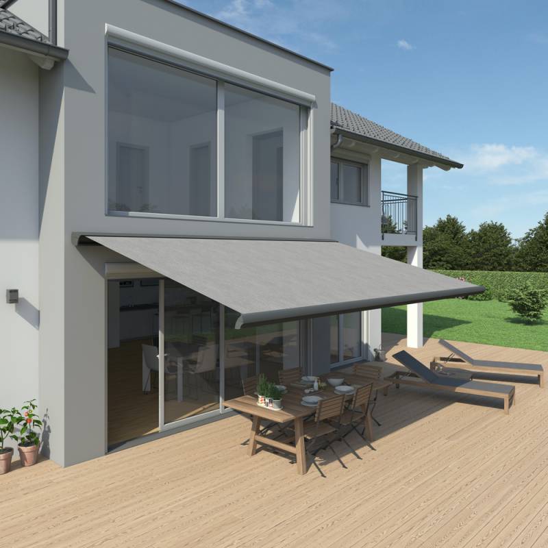 Vollkassettenmarkise K-Major | 6x3,5 m | Stoff: Uni, grau meliert | Gestell: Anthrazit | SOWERO Vollkassettenmarkise Funkmotor inkl. Handsender von SOWERO