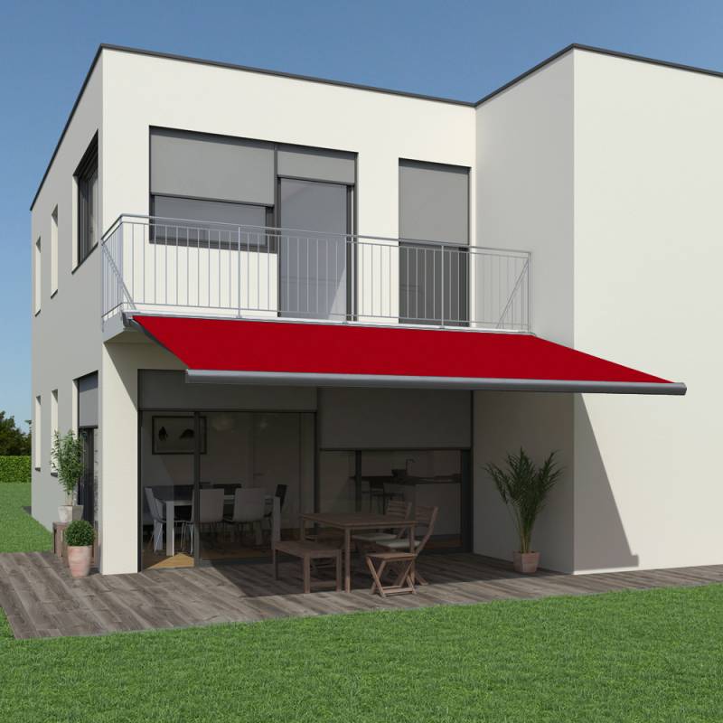 Vollkassettenmarkise K300-PRO | 3,5x3 m | Stoff: Uni, rot | Gestell: Anthrazit | SOWERO Vollkassettenmarkise Funkmotor inkl. Handsender von SOWERO