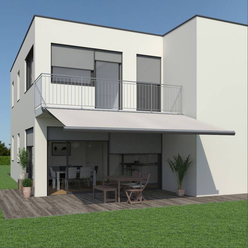 Vollkassettenmarkise K300-PRO | 5x3 m | Stoff: Uni, elfenbein | Gestell: Anthrazit | SOWERO Vollkassettenmarkise Funkmotor inkl. Handsender von SOWERO