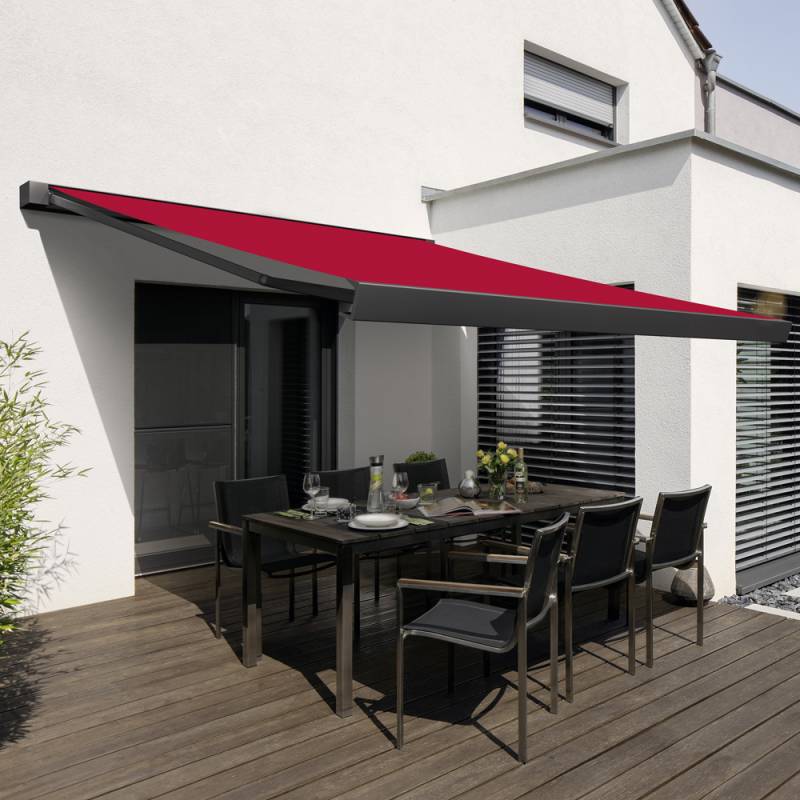 WAREMA Kassettenmarkise Terrea K50 | 4x2 m | Stoff: rot | Gestell: Anthrazit | Bedienung: WMS Funkmotor inkl. Handsender von SOWERO