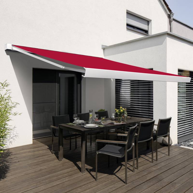 WAREMA Kassettenmarkise Terrea K50 | 5x3 m | Stoff: rot | Gestell: Weiß | Bedienung: WMS Funkmotor inkl. Handsender WAREMA Kassettenmarkise Terrea K50 | 5x3 m | Stoff: rot | Gestell: Weiß | Bedienung: WMS Funkmotor inkl. Handsender von SOWERO