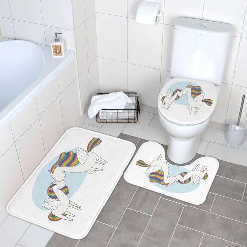 SOYDAN Dreiteiliges,Badezimmer Badematte Anti-Rutsch Badematte Set Waschbar Geruchlos Badematte Set, Wunderschöner Regenbogen-Pegasus. EIN Pferd mit Flügeln. isolierte Objekte auf weißem Hintergrund. von SOYDAN