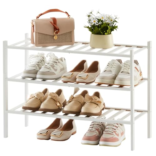 Schuhregal aus Bambus 3 Ebenen für Eingangsbereich, Stapelbar | Mehrzweck, Stapelbarer Schuhregalorganizer für Schlafzimmer, Flur, Schrank von SOYDAN