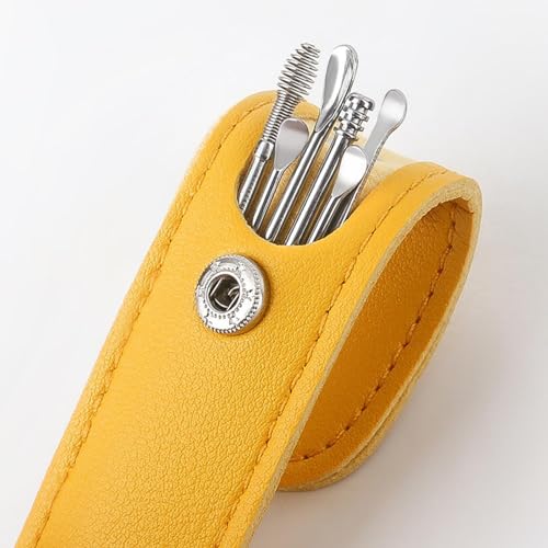 Tragbarer Ohrlöffel, 6-teiliges Set, Schraubenfeder-Ohrpick-Werkzeug, Ohrpick-Set, 6-teiliges Ohrpick-Set/185 (Size : F Leather Suit - Yellow) von SOYDAN