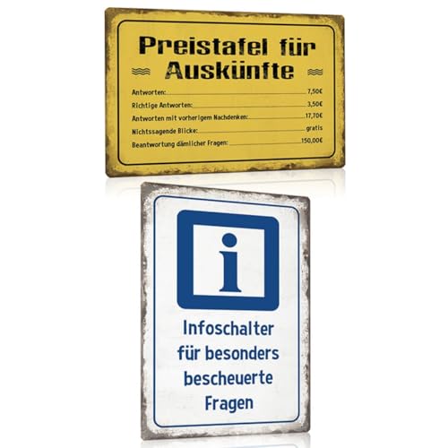 2ER LUSTIG SPRUCH SCHILD SET - Infoschalter Bescheuerte Fragen - Preistafel Auskünfte - Büro Gadgets Festival Wand-deko Zubehör - Retro Blechschild Türschild für Kollegen Freunde Partydeko - DIN A4 von SOYSKY