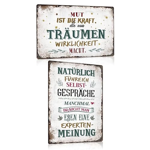 2ER SCHILDER MIT SPRÜCHEN SET 20X30cm - MUT - SELBSTGESPÄCHE - Vintage Metallschild Blechschild als Wanddekoration und Geschenke für Frauen Familie Freundschaft und Liebe Freundin von SOYSKY