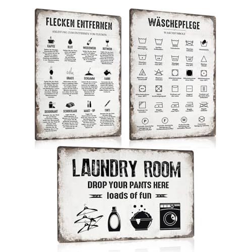 3ER WASCHKÜCHE SCHILD SET 20x30cm - Retro Blechschild Waschküche Dekoration - Vintage Metallschild Poster Bild Wanddeko Geschenk für Wasch Laundry Wäscherei Waschraum Waschmaschine von SOYSKY