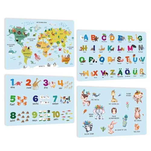 4ER Set - Lern Tischset Platzsets Abwaschbar Kinder - Deutsch ABC Alphabet Zahlen Weltkarte und Affirmations Spruch mit Tiere - rutschfest - Plastik Lernen Platzdeckchen aus Kunstleder - DIN A3 von SOYSKY