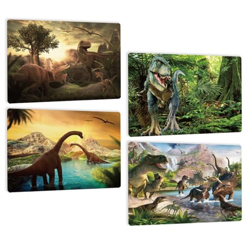 4er Set Dinosaurier Tischset Platzsets abwaschbar Kinder - Dino Urzeit T-rex Platzdeckchen für Junge Jungen - rutschfest - Wetterfest waschbar Plastik Tischsets aus Kunstleder - DIN A3 von SOYSKY