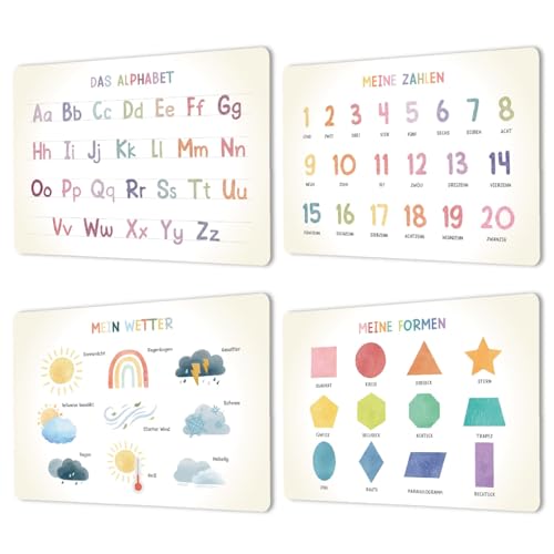 4er Set Lern Tischset Platzsets abwaschbar Kinder - ABC Alphabet Deutsch Zahlen - Platzdeckchen rutschfest Antirutsch - Wetterfest waschbar Plastik Lernen Tischsets aus Kunstleder - Buchstaben Mathe von SOYSKY