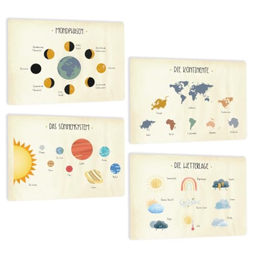 4er Set Lern Tischset Platzsets Platzdeckchen abwaschbar Kinder - Weltkarte Kontinente - MONDPHASEN Sonnensystem WETTERLAGE - rutschfest - Wetterfest waschbar Plastik Lernen Tischsets aus Kunstleder von SOYSKY