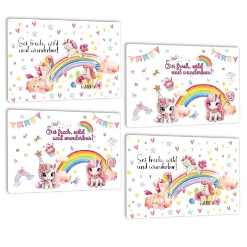 4er Set Regenbogen Tischset Platzsets abwaschbar Kinder - Einhorn Platzdeckchen für Mädchen - rutschfest - Wetterfest waschbar Plastik Tischsets aus Kunstleder - DIN A3 von SOYSKY