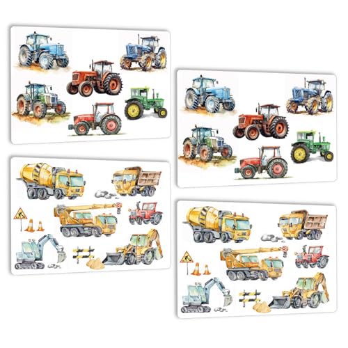 4er Set Traktor Trecker Tischset Platzsets abwaschbar Kinder - Bagger Baustelle Fahrzeugen Kran Platzdeckchen - rutschfest - Wetterfest waschbar Plastik Tischsets aus Kunstleder - DIN A3 von SOYSKY