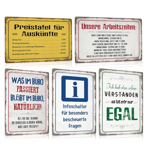5ER LUSTIG SPRUCH SCHILD SET - Infoschalter Bescheuerte Fragen - Preistafel Auskünfte - Büro Gadgets Festival Wand-deko Zubehör - Retro Blechschild Türschild für Kollegen Freunde Partydeko - DIN A4 von SOYSKY