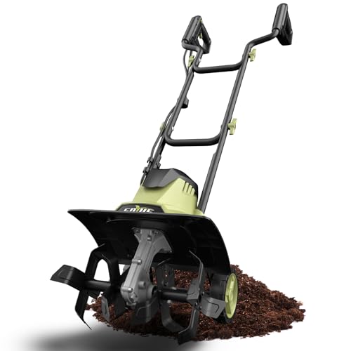 SOYUS 14 Zoll Elektrische Pinne Kultivator 12 Amp Schnurpinne für Gartenarbeit, Gartenfräse mit Klappgriff, 4 Stahlzinken Rädern Rototiller für Rasen Hof Bodenbearbeitung von SOYUS