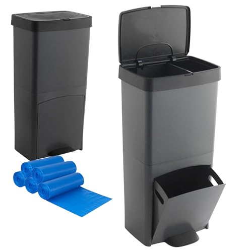 Müll- oder Recycling-Mülleimer, 70 l, vertikal, 2 Fächer, Abfalleimer, inklusive Rolle, 20 Müllbeutel à 30 l von SP Berner