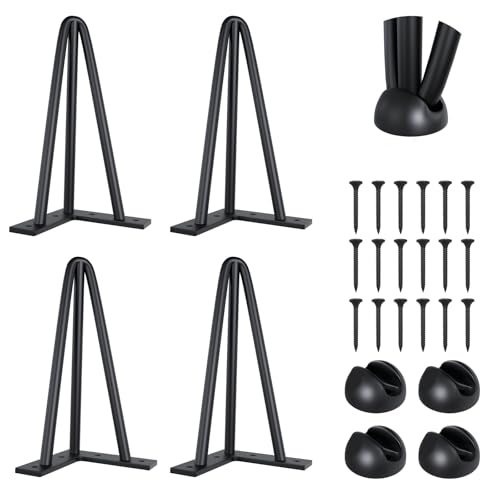 SPACEEUP 25,4 cm Haarnadel-Tischbeine, 4 Stück Kaffee-Schreibtischbeine mit Gummi-Bodenschonern, 399 kg Tragkraft, robuste schwarze Metall-Möbelbeine, 3 Stangen für DIY-Bank, Schreibtisch, Esstisch von SPACEEUP