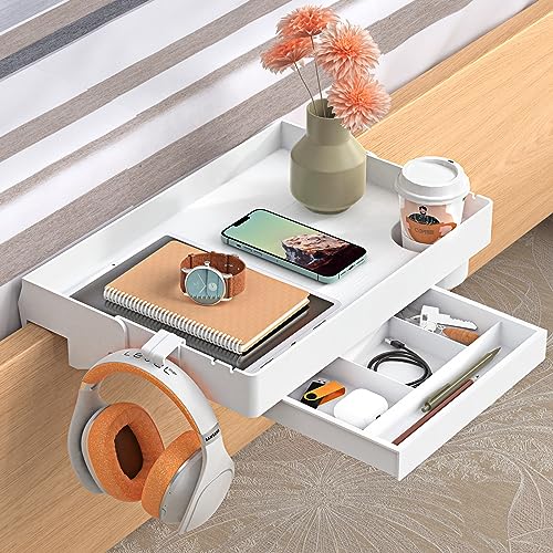 SPACEKEEPER Folding Bedside Regal mit Schublade Clip On Nachttisch Hanging Tray Organizer mit tiefen Cup Holder für Bett & Etagenbett College Dorm Essentials, weiß, Kunststoff von SPACEKEEPER