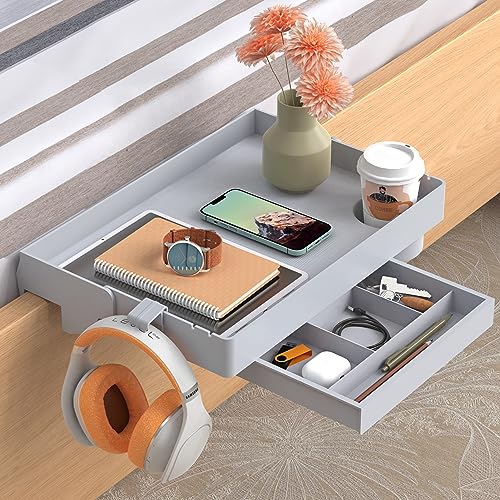 SPACEKEEPER Folding Bedside Shelf mit Schublade Clip On Nightstand Hanging Tray Organizer mit tiefen Cup Holder College Dorm Essentials, Grau, Kunststoff von SPACEKEEPER