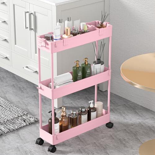 SPACEKEEPER Rollwagen mit 3 Ebenen, Küchenwagen, Nichenregal auf Rollen, Allzweckwagen mit 6 Haken und 2 Behälter, Rosa von SPACEKEEPER