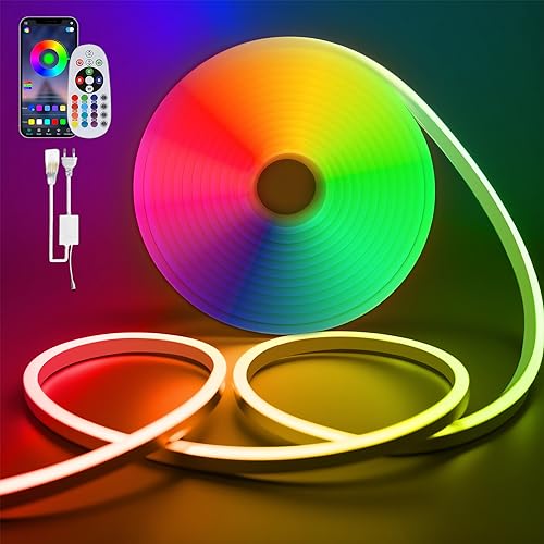 SPAHER RGB Neon LED Streifen Led Strip 20M Dimmbar Led Strip Aussenbereich mit App-Steuerung 230V, IP65 RGB-Fernbedienung und Bluetooth-Verbindungs funktion, DIY-Funktion, Musik Syn [Energieklasse F] von SPAHER