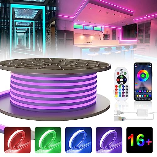 SPAHER RGB Neon LED Strip 10M RGB Dimmbar Neon LED Streifen Aussenbereich mit App-Steuerung 230V, IP65 Neonlichtstreifen, RGB-Fernbedienung, DIY-Funktion, Musik Syn von SPAHER