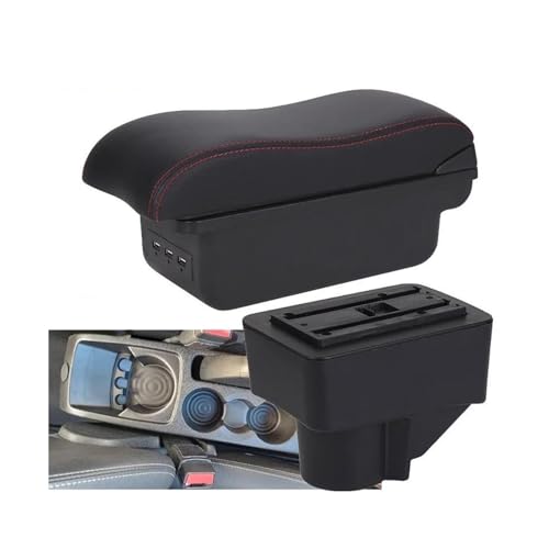 SPAMFAFGHQ Für Fiesta Armlehne Auto Aufbewahrungsbox Für Fiesta 3 Auto Armlehnenbox 2011-2018 Zubehör Kunstleder(B1 Schwarz rot 3USB) von SPAMFAFGHQ
