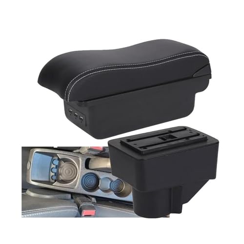 SPAMFAFGHQ Für Fiesta Armlehne Auto Aufbewahrungsbox Für Fiesta 3 Auto Armlehnenbox 2011-2018 Zubehör Kunstleder(B3 Schwarz weiß 3USB) von SPAMFAFGHQ