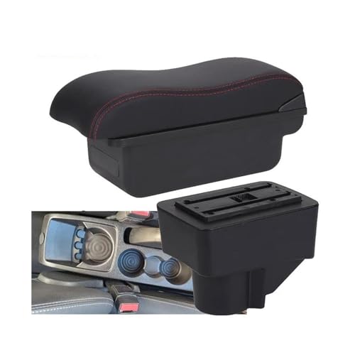 SPAMFAFGHQ Für Fiesta Armlehne Auto Aufbewahrungsbox Für Fiesta 3 Auto Armlehnenbox 2011-2018 Zubehör Kunstleder(C1 Schwarz Rot KEIN USB) von SPAMFAFGHQ