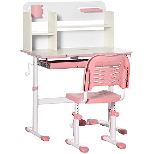 HOMCOM Kinderschreibtisch und Stuhl Set +3 Jahre mit Verstellbarer Höhe Kinderschreibtisch mit kippbarer Tischplatte Schublade und Bücherregal 80x52x88-109 cm und 35,5x44,5x66-80 cm Rosa von SPANISH AOSOM