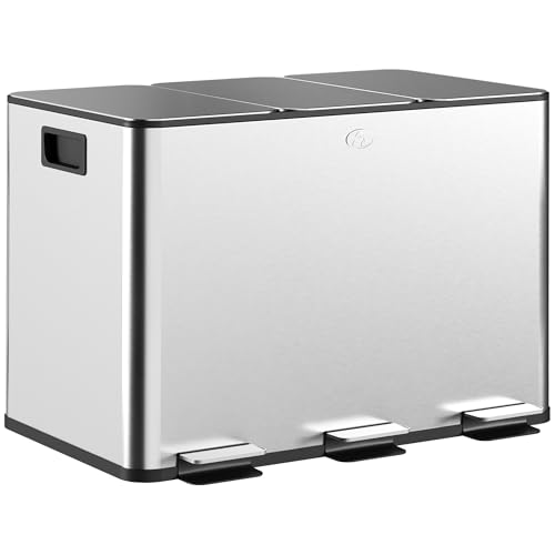 HOMCOM Küche Abfalleimer mit 3 Fächern 3x10L Edelstahl Küche Abfalleimer mit Pedal Soft-Close-Deckel und herausnehmbarem Mülleimer für Schlafzimmer, Büro, Wohnzimmer Silber von HOMCOM