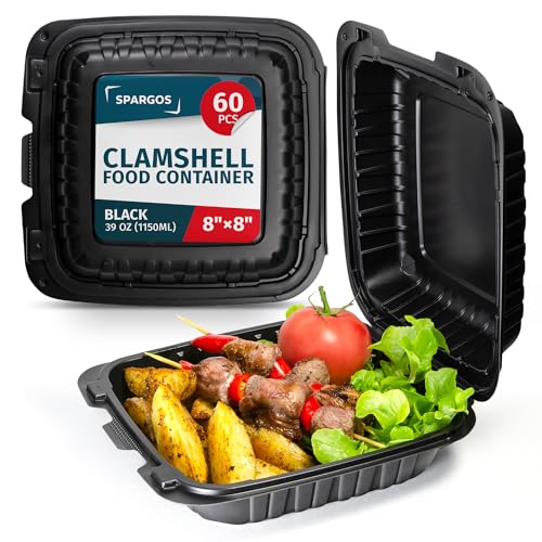 SPARGOS Take Away Box 60er-Packung 20 x 20 cm - 1150 ml Essensbox und Bento Cake Box Wiederverwendbare Burger Verpackung Schwarz mit 1 Fach und Deckeln Lunch-boxen von SPARGOS