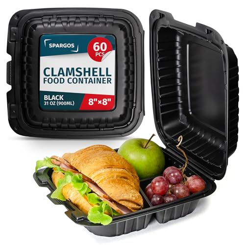 SPARGOS Take Away Box 60er-Packung 20 x 20 cm - 900 ml Essensbox und Bento Cake Box Wiederverwendbare Burger Verpackung Schwarz mit 3 Fach und Deckeln Lunch-boxen von SPARGOS