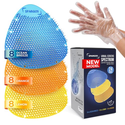 Urinalsieb Lufterfrischer 24er Pack - Spritzschutz & Geruchsschutz für Toiletten in Stadien & Schulen Inkl 8x Blau 8x Gelb 8x Orange Handschuhe Gratis von SPARGOS