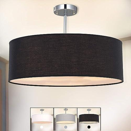 SPARKSOR Deckenleuchte, Stoff Deckenlampe, Schwarz Rund Pendelleuchte für Wohnzimmer Schlafzimmer Küche Esszimmer, Durchmesser 45cm, Chrom matt, Warmweiss 3-flammig E27 von SPARKSOR