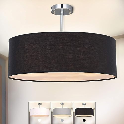 Deckenleuchte, SPARKSOR Stoff Deckenlampe, Schwarz Rund Pendelleuchte für Wohnzimmer Schlafzimmer Küche Esszimmer, Durchmesser 45cm, Chrom matt, Warmweiss 3-flammig E27 von SPARKSOR