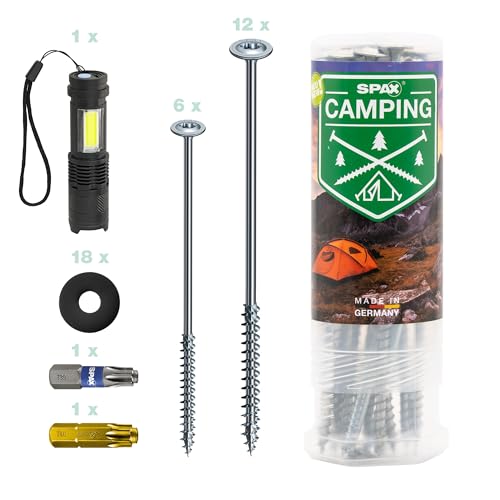 SPAX Campingset - 18 Zeltschrauben, 2 Bits, 18 Unterlegscheiben & Taschenlampe, Schraubheringe zur Befestigung von Zelt, Markise, Segel, Pavillon – 8000000294600 von SPAX