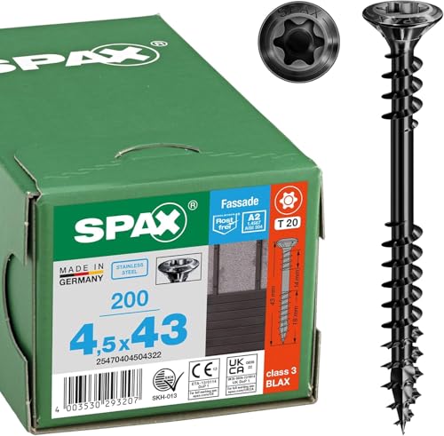 SPAX Fassadenschraube 4,5 x 43 mm, 200 Stück, Edelstahl rostfrei A2 BLAX, Fixiergewinde, T-STAR plus T20, Linsensenkkopf, 4CUT – 25470404504322 von SPAX