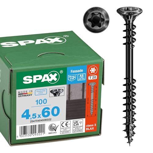 SPAX Fassadenschraube 4,5 x 60 mm, 100 Stück, Edelstahl rostfrei A2 BLAX, Fixiergewinde, T-STAR plus T20, Linsensenkkopf, 4CUT – 25470404506022 von SPAX
