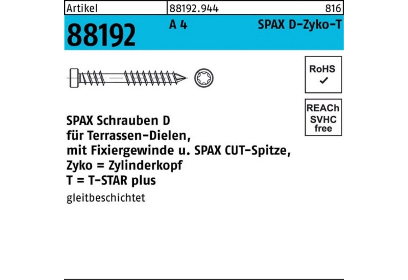 SPAX Holzbauschraube 200er Pack Holzbauschraube R 88192 ZYLKO T-STAR 6x40/23-T A 4 CUT-Sp. von SPAX