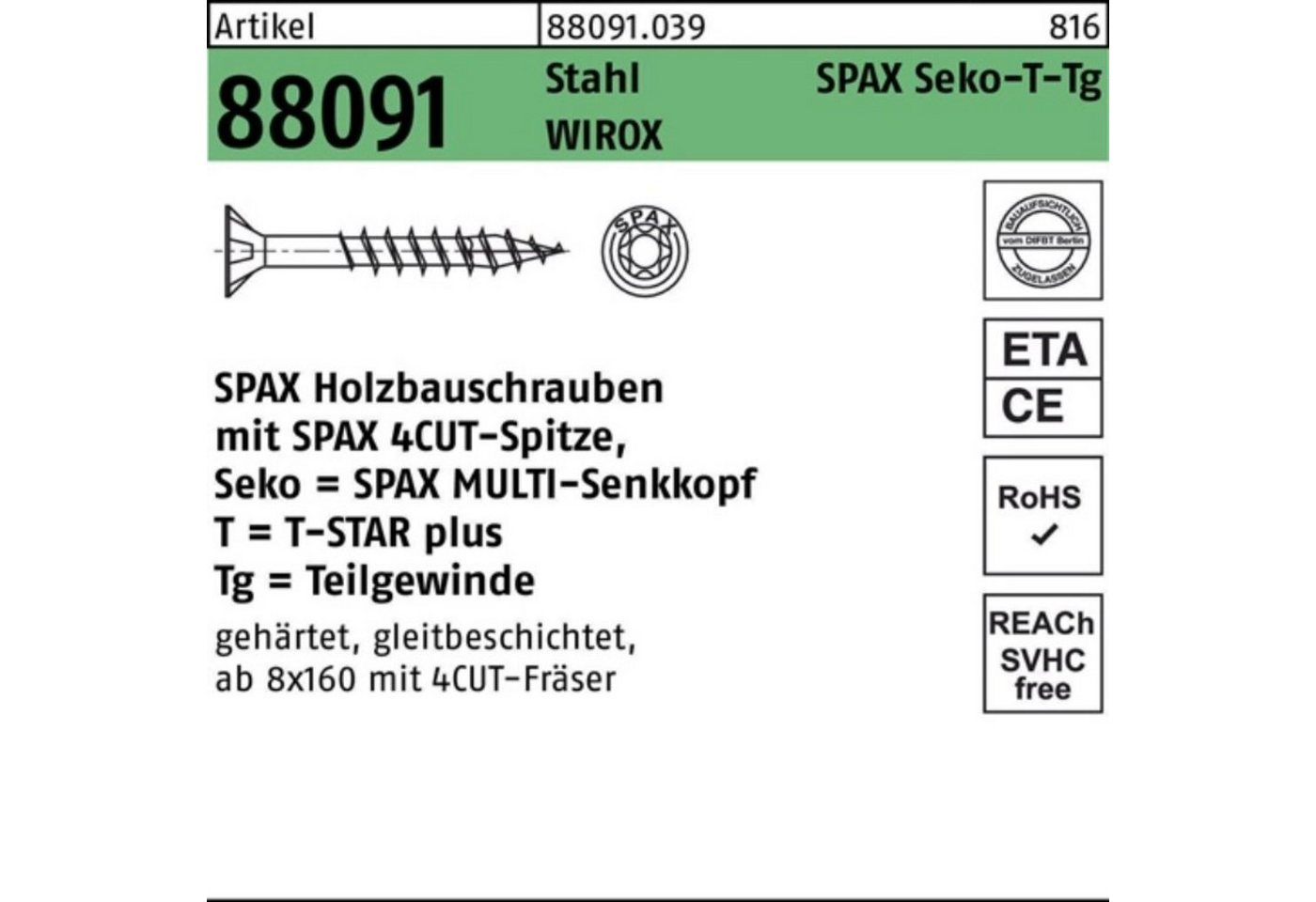 SPAX Schraube 100er Pack Schraube R 88091 SEKO/T-STAR TG 10x 100/60-T50 Stahl WIROX von SPAX