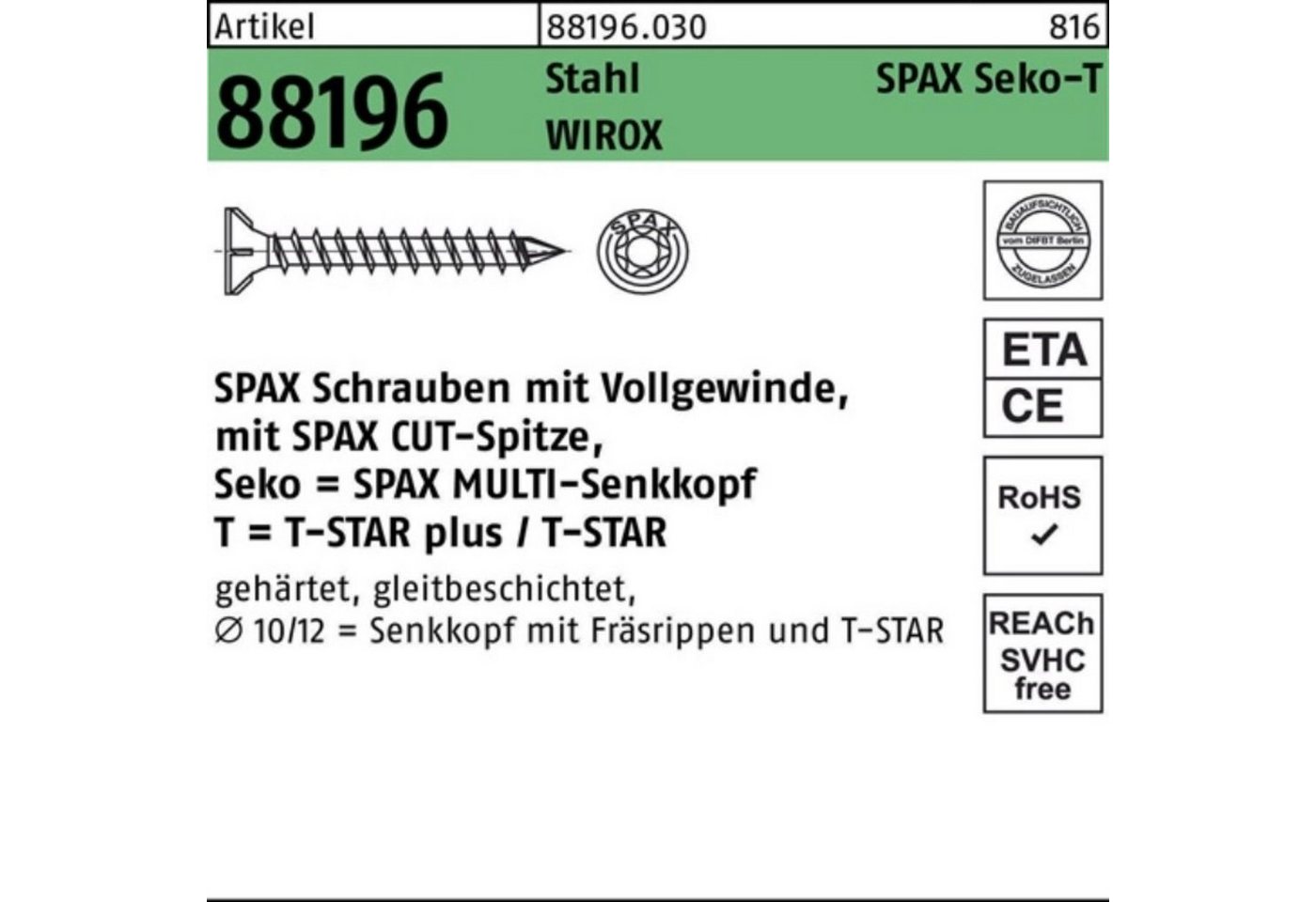 SPAX Schraube 100er Pack Schraube R 88196 Seko Spitze/T-STAR VG 10x200-T50 Sta galv. von SPAX