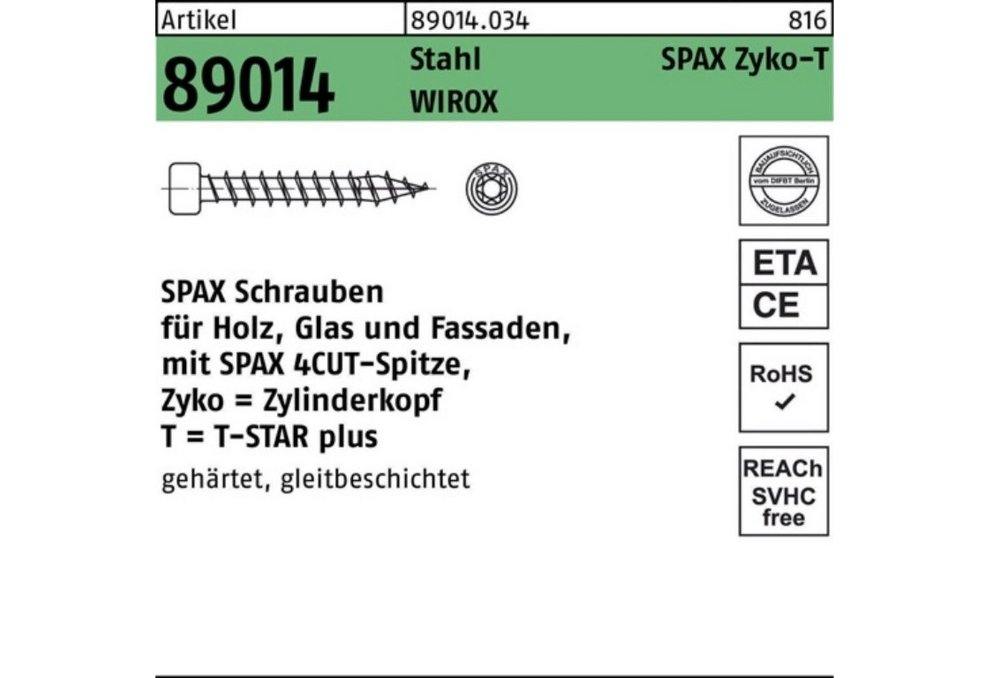 SPAX Schraube 100er Pack ZYLKOschraube R 89014 T-STAR 8x 240-T40 Stahl WIROX 50 Stü von SPAX