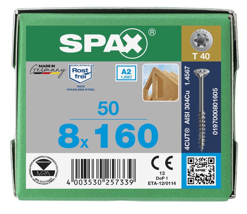 SPAX Schraube SPAX Senkmultikopf T-Star Plus T40 Teilgewinde A2 4CUT 8x160mm (50) SPAX Schraube SPAX Senkmultikopf T-Star Plus T40 Teilgewinde A2 4CUT 8x160mm (50) von SPAX