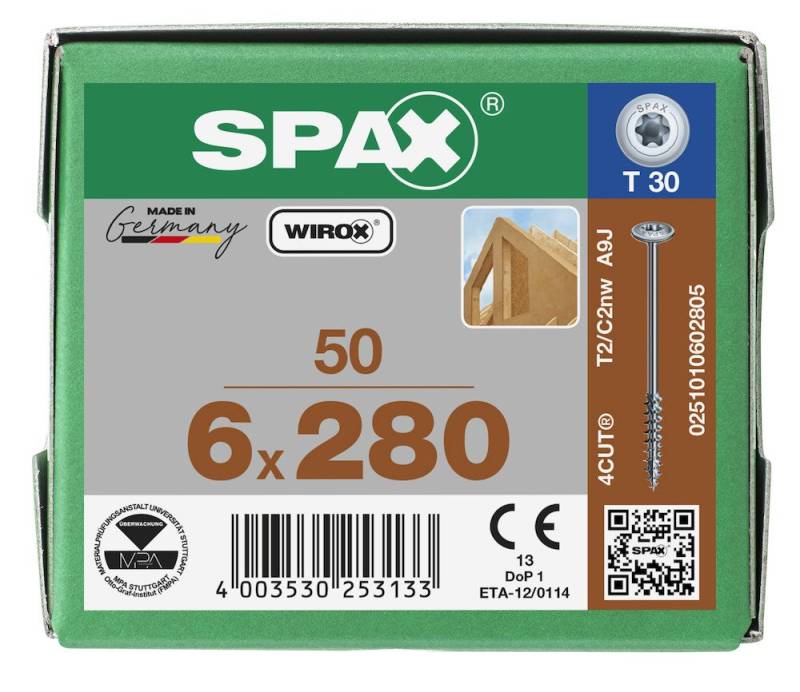 SPAX Schraube SPAX HI.FORCE, 6 x 280 mm, 50 Stück, Teilgewinde, Tellerkopf, T-STAR von SPAX